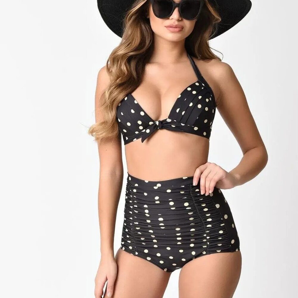 Monroe Black & Tan Polka Dot Halter Swim Top and High-Waisted Bikini Bottoms Set